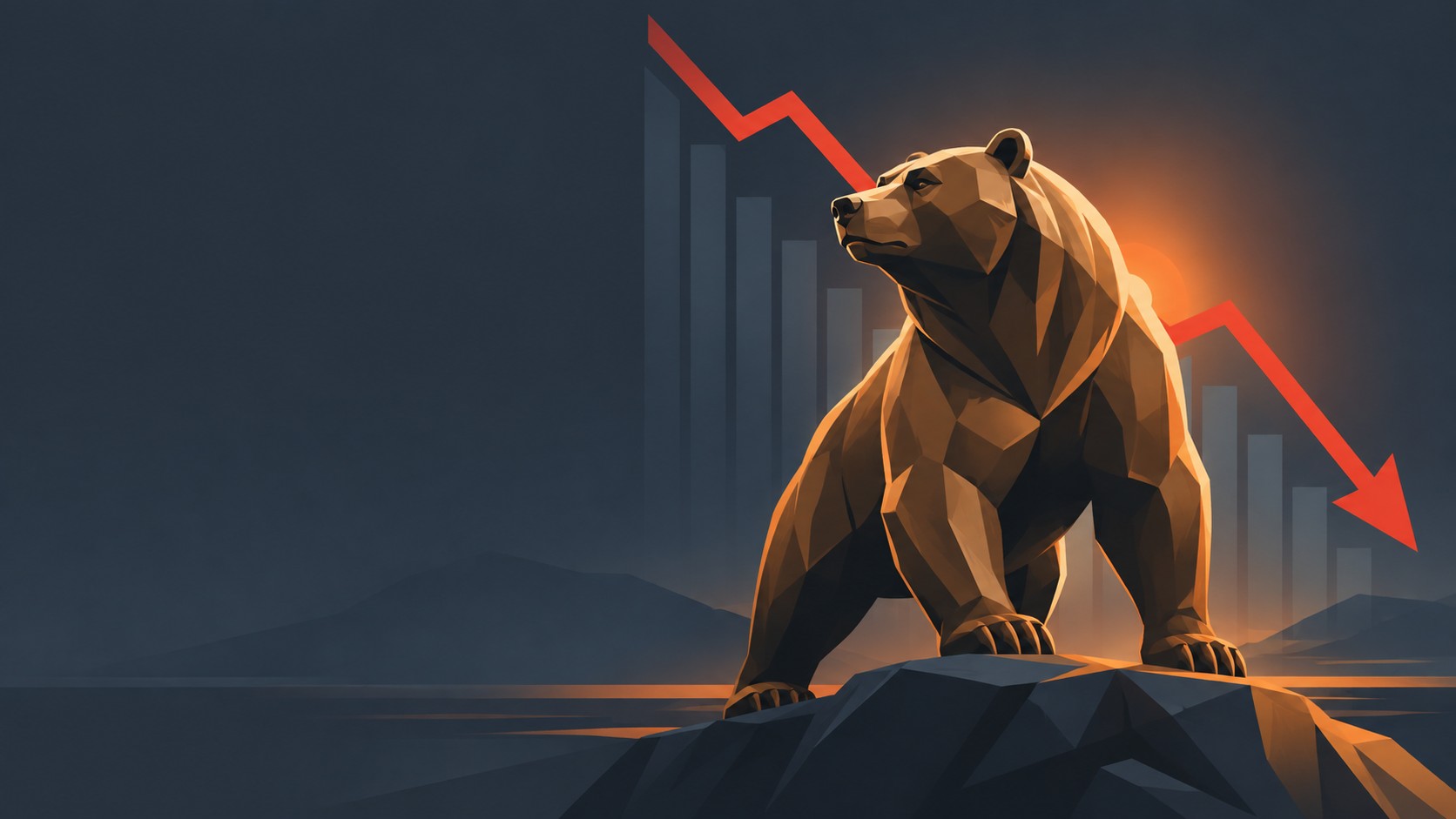 Bronze bear statue with a descending red chart behind it