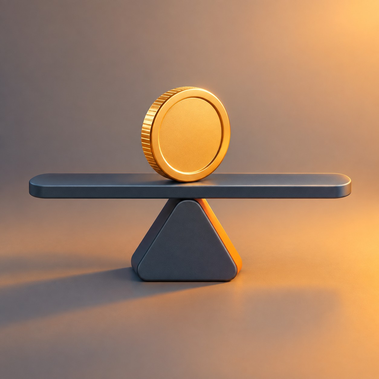 Coin resting perfectly level on a balance beam with a flat price line